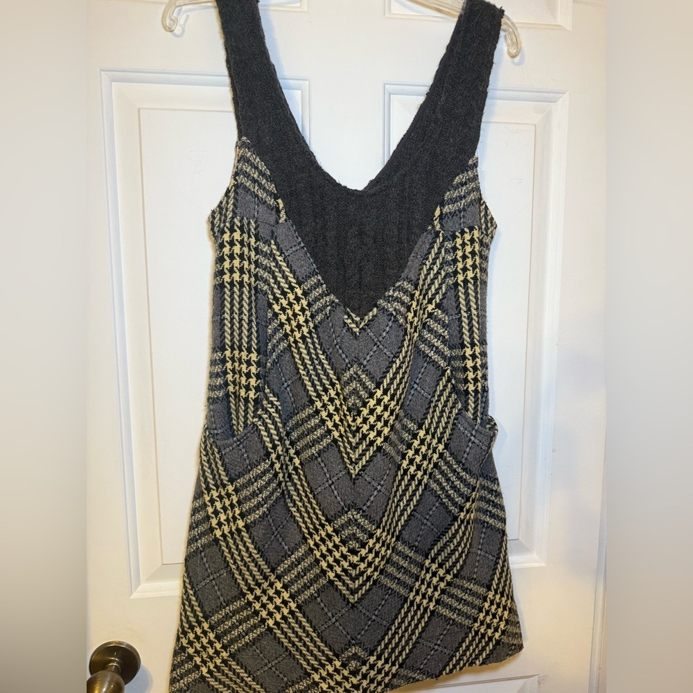 Free People Wool Houndstooth Plaid Cable Knit Sweater Dress Double V Neck Sz 12